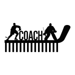 Black steel medal holder shaped like a hockey stick with 'Coach' text. Features silhouettes of a hockey forward and goalie. Includes 15 hooks for hanging medals, with a sleek and sturdy design ideal for display in a sports setting.